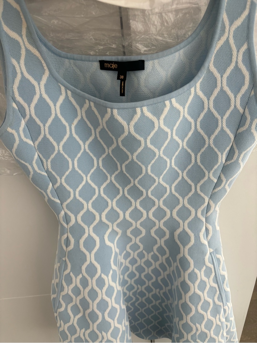 Maje “Russel” Knit Mini Dress in Blue/White.